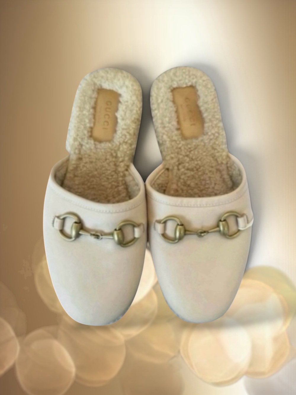 🆕💗GUCCI Horsebit Shearling Lined Slide On Mules Loafers BEIGE GOLD HW • 36.5 EU